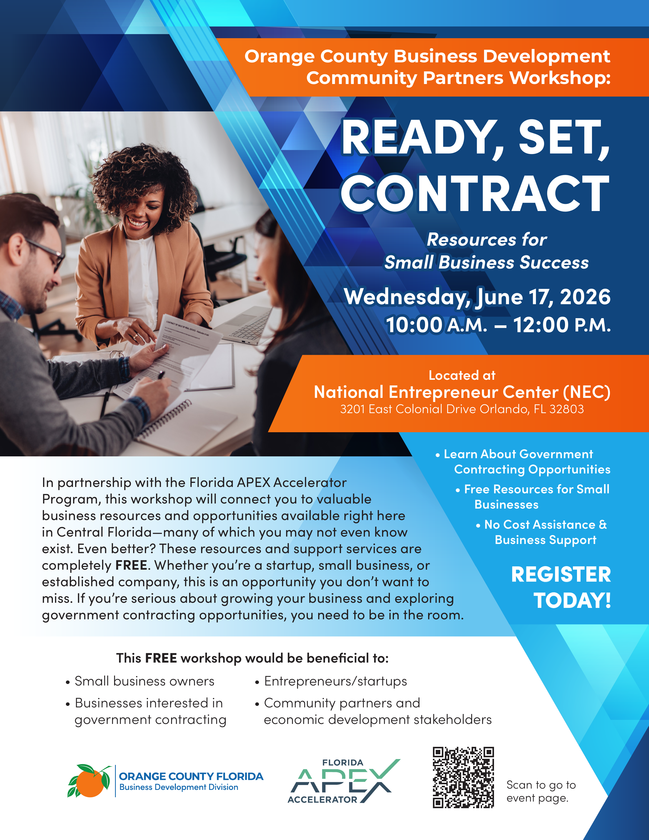 Community Partners Workshop - READY, SET, CONTRACT - Resources for small business success - June 17, 2026 - 10am to 12pm - National Entrepreneur Center - 3201 East Colonial Drive, Ste. A20, Orlando, Florida 32803 - Register by scanning QR code